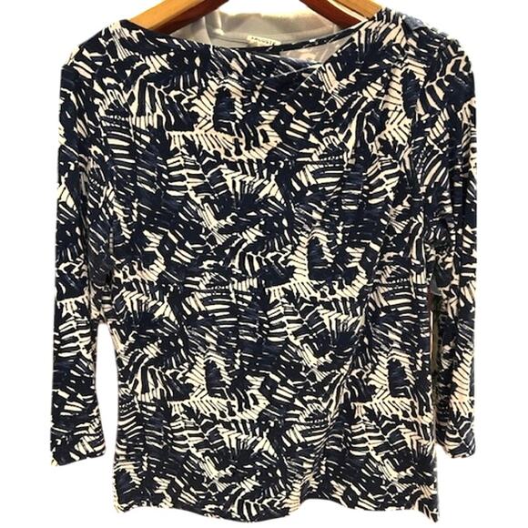ST. JOHN Navy Blue Abstract Leaf Floral Boat Neck 3/4 Sleeve Rayon Blend MEDIUM - Picture 1 of 15